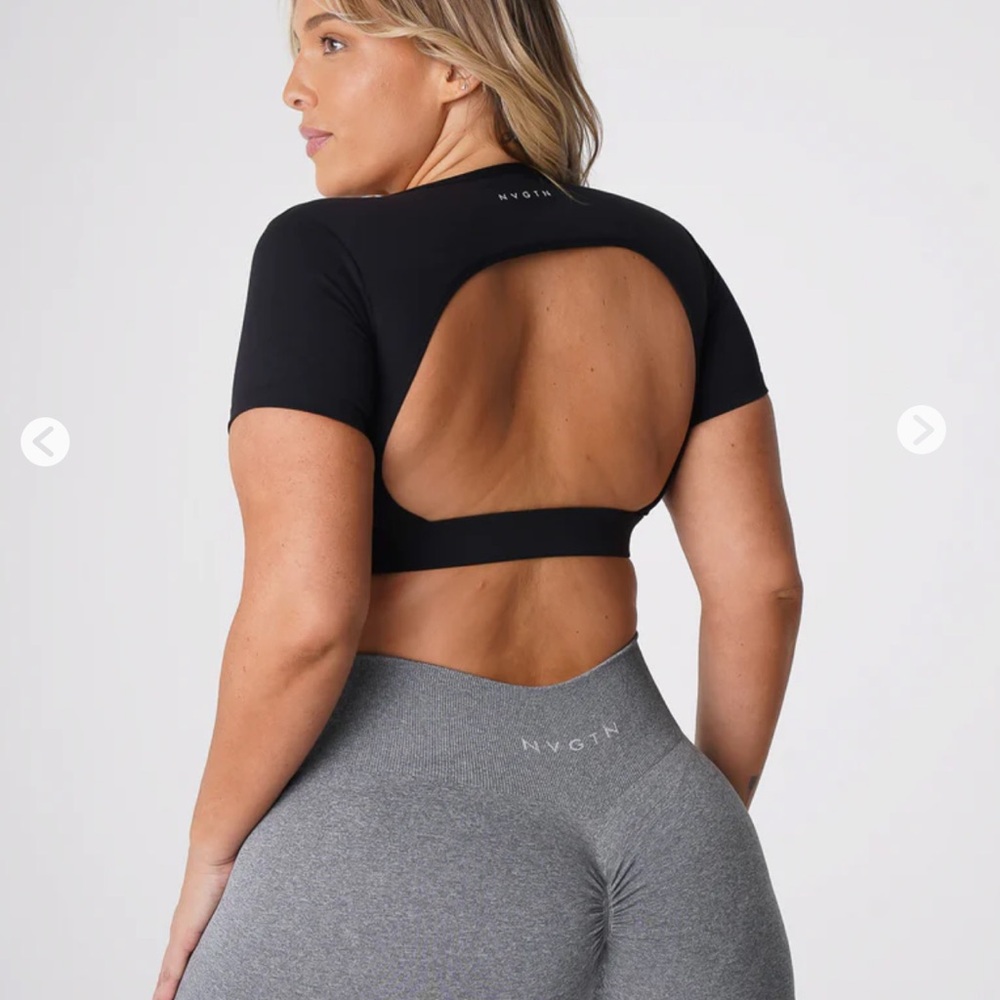 NVGTN Black Open Back Tee with built in sports bra. M. Sold out online. NWOT.